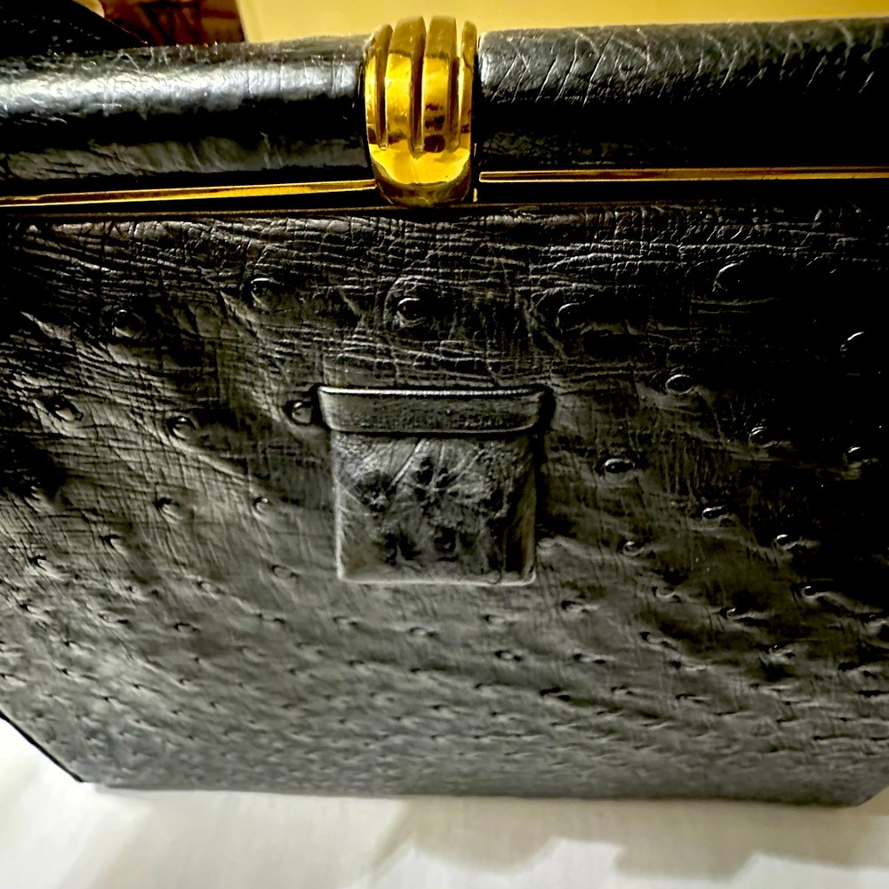 Lucille de Paris Black Vintage Ostrich Handbag with Multiple Internal Pockets